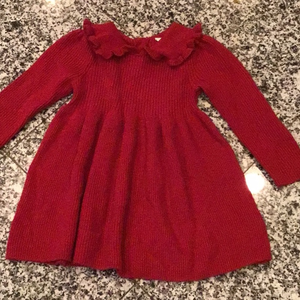 Classic Red Knit Long-Sleeve Kids Dress with Ruffle Collar